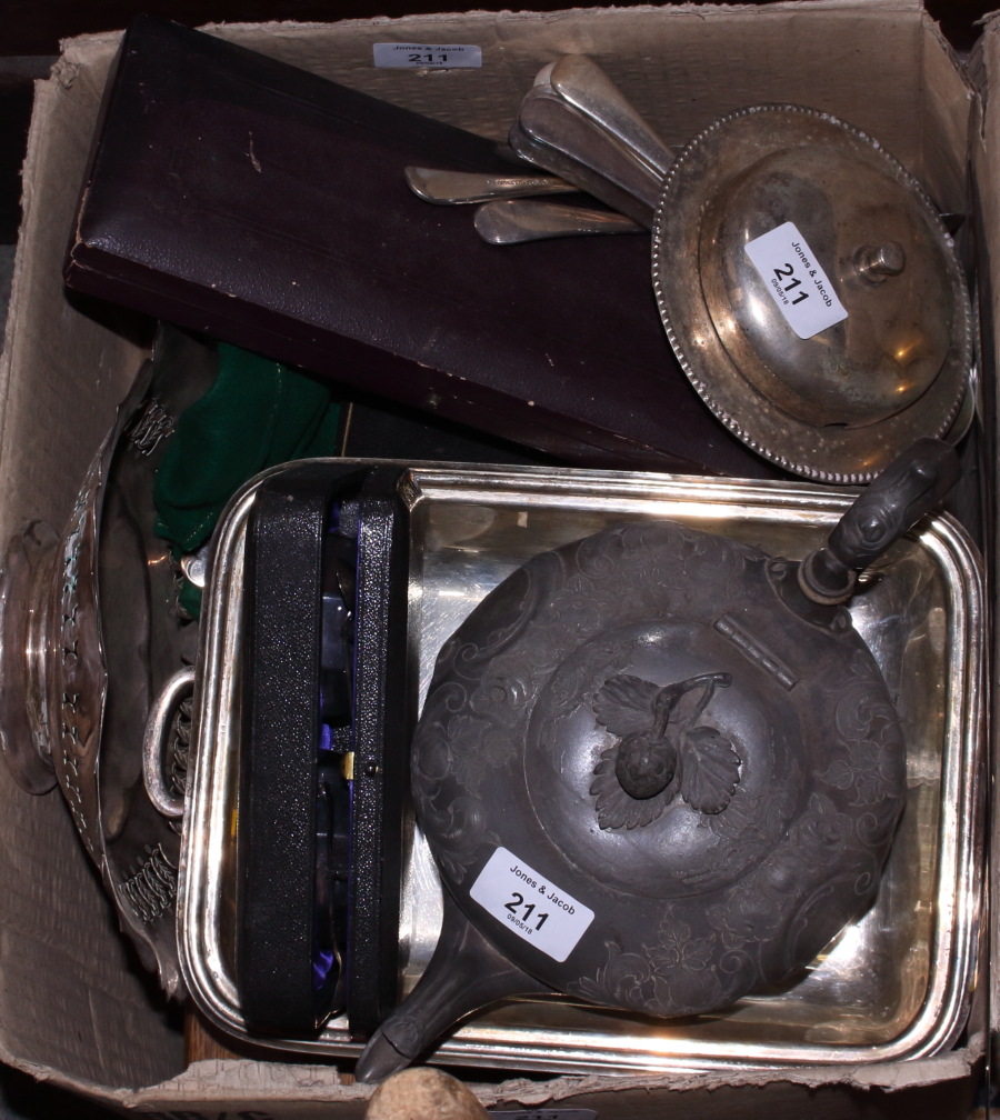 A selection of silver plate, including a cased pair of salts and spoons, plated flatware, an EPBM
