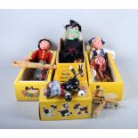 Four Pelham puppets, SS Fritzel, Cat, Dutch Girl and Wicked Witch, in boxes