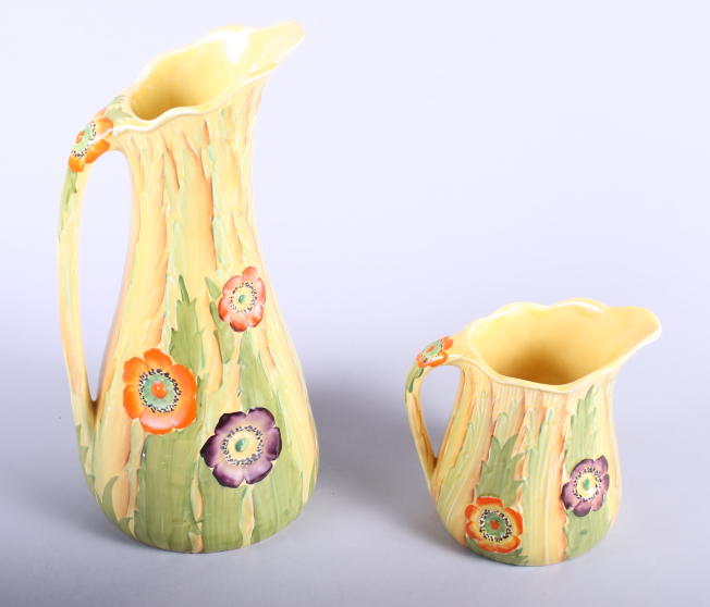 Two Carton Ware "Australian" pattern pottery jugs, 5 1/2" high and 11" high - Image 3 of 5