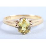 An 18ct gold ring set single pear-cut yellow sapphire, stone 1.15ct approx, 2.46g gross