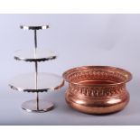 A copper hotplate on brass supports with two burners, together with an Art Nouveau design copper