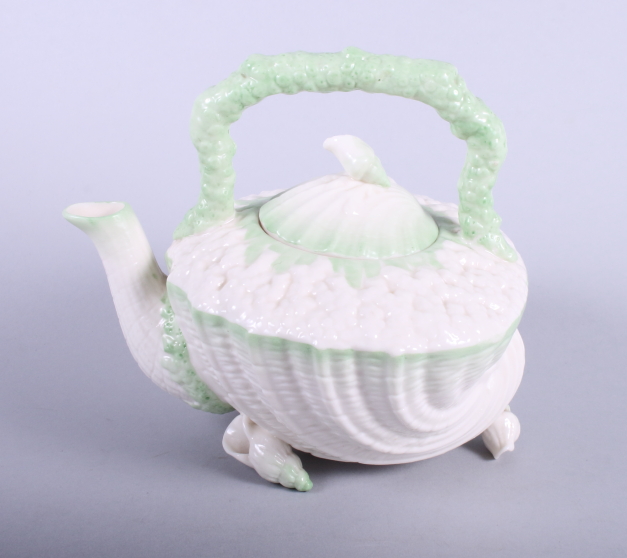 A Belleek porcelain (2nd period black mark) "Neptune" teapot, modelled in the form of a shell - Image 4 of 4