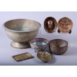 An Indian brass pedestal bowl, a smaller Indian brass bowl and other decorative items