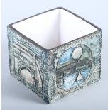 A 20th century Troika studio pottery cube vase with blue and green geometric decoration, 3 1/2" high