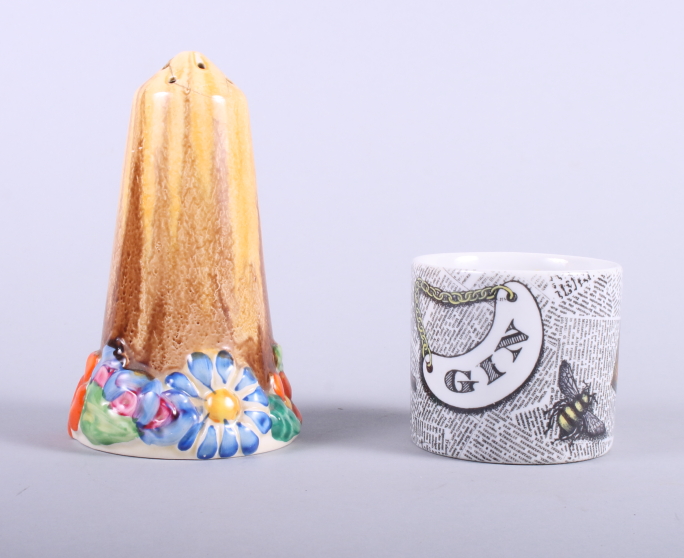 A Clarice Cliff "My Garden" sugar caster (tip restored), 5 1/2" high, and a Fornasetti cache pot, - Image 2 of 5