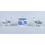 An early 19th century pearlware teapot, transfer decorated "Willow" pattern, and a pair of "