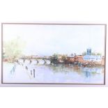 Edmundo Cruz: watercolour, view of the Thames at Henley, 14" x 25", in brown and gilt frame