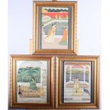 Three gilt framed coloured prints of Indian women, three other gilt framed prints and a framed