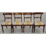 A set of three Regency polished as mahogany bar back dining chairs, with gold striped Trafalgar