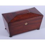 A Regency mahogany sarcophagus two-division tea caddy, on square bun feet, 10 3/4" wide