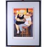 Beryl Cook: a pencil signed coloured print, "Two on a Stool", published by Alexander Gallery