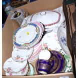 Assorted decorative china, three decanters and two floral bowls