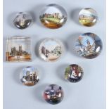 Nine Victorian tourist glass paperweights, including Great Exhibition, Stonehenge, etc