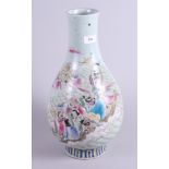 A Chinese bulbous celadon porcelain vase decorated with figures and clouds, in polychrome enamel,