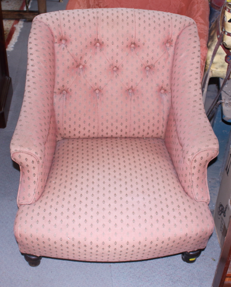 A Victorian low armchair with button back, upholstered in a pink fabric - Image 2 of 2