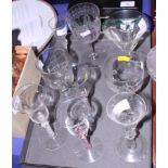 Three cordial glasses with air twist stems, a conical shaped rummer and various other glasses