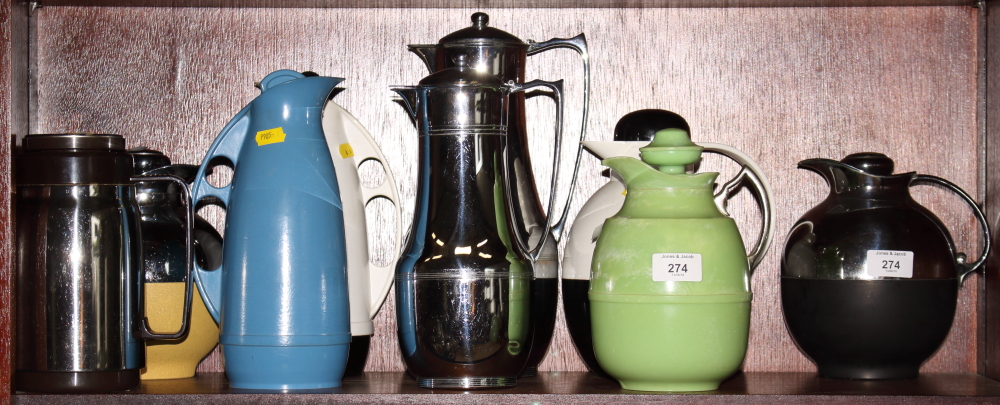 Nine vintage vacuum flasks, mainly by Thermos Ltd, one by Esma and one by Alfi