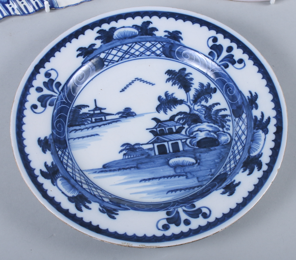 A Delft square dish, decorated cows and castle, 8" square, and a pair of Delft plates, decorated - Image 2 of 4