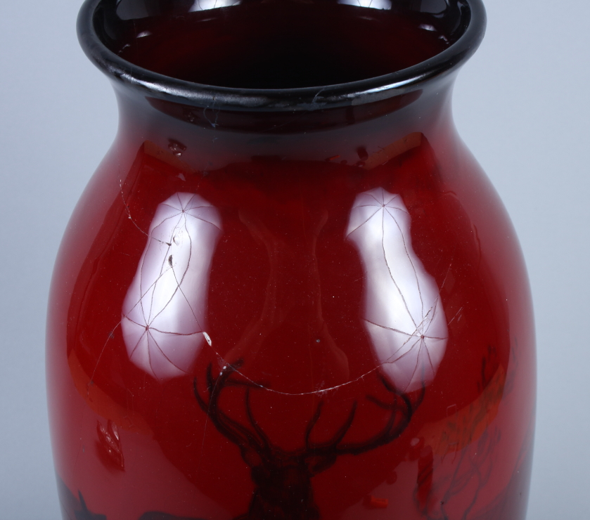 A Royal Doulton "Flambe" baluster vase, designed by Charles Noke, decorated with standing deer, - Image 4 of 8