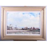 † Roy Petley: oil on board, Norfolk coast with windmill, 11" x 18", in gilt frame with