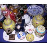 Two famille jaune ginger jars and covers, a Royal Worcester trinket box, two Derby Posies dishes and