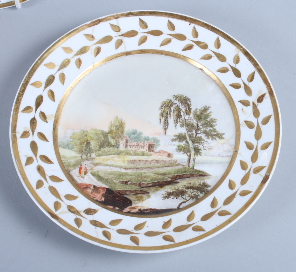 A set of five 19th century French porcelain plates, with landscapes within a gilt painted leaf - Image 6 of 15