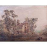 David Cox?: a 19th century watercolour, cottage and figures in a clearing, 14" x 9", in gilt frame