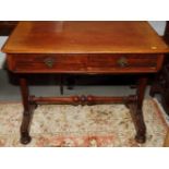 A Victorian mahogany side table, fitted two drawers, on slab end supports