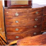 A late 18th century mahogany bowfront chest of two short and three long drawers, the top decorated