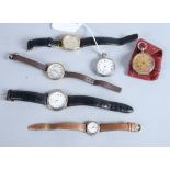 Two white metal cased fob watches and a number of wristwatches, various