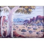 † Oscar Namatjira, Australian: watercolour, tree lined outback scene, 10 1/4" x 14", in metal