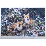 David Shepherd: a signed limited edition coloured print, "Winter Foxes", 164/1500, in gilt frame