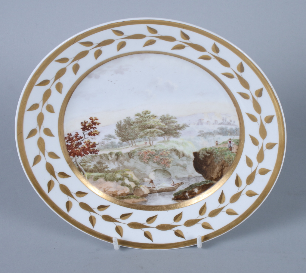 A set of five 19th century French porcelain plates, with landscapes within a gilt painted leaf - Image 14 of 15