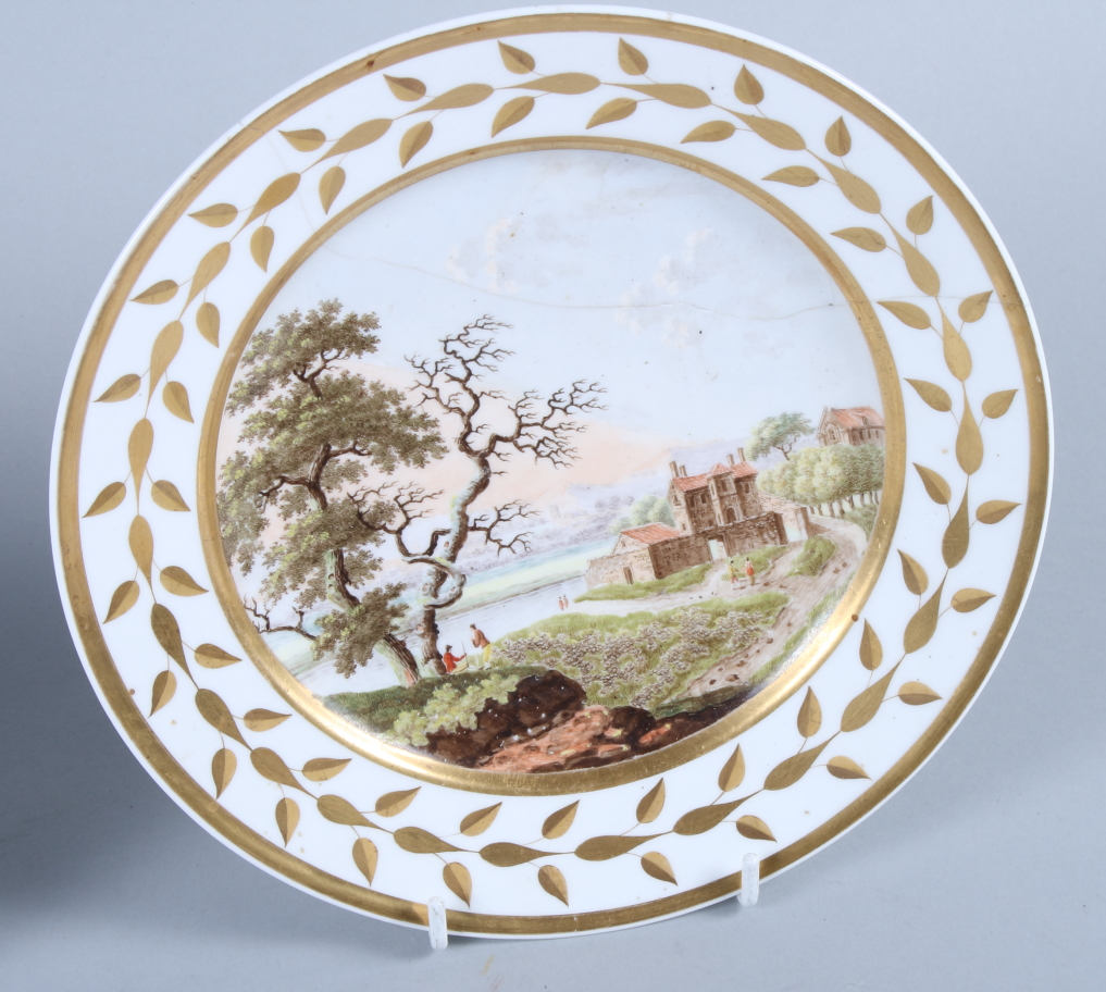 A set of five 19th century French porcelain plates, with landscapes within a gilt painted leaf - Image 12 of 15