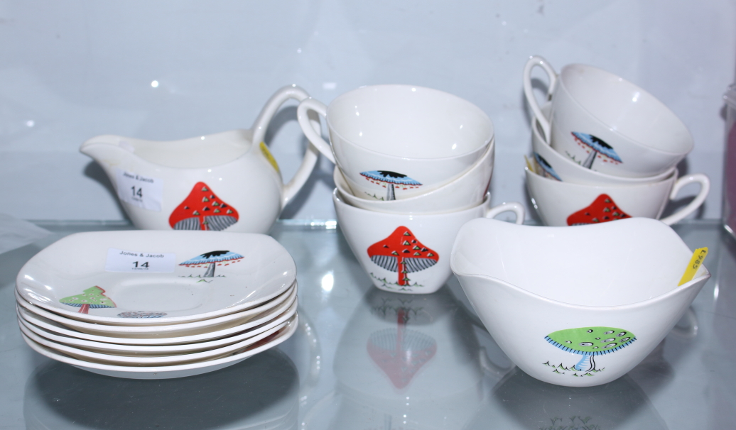 A Midwinter Stylecraft "Toadstool" part teaset, designed by Jessie Tait, including six cups, six