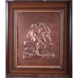 A 19th century embossed copper plaque, depicting Cupid and Psyche sitting on a rock, in a painted