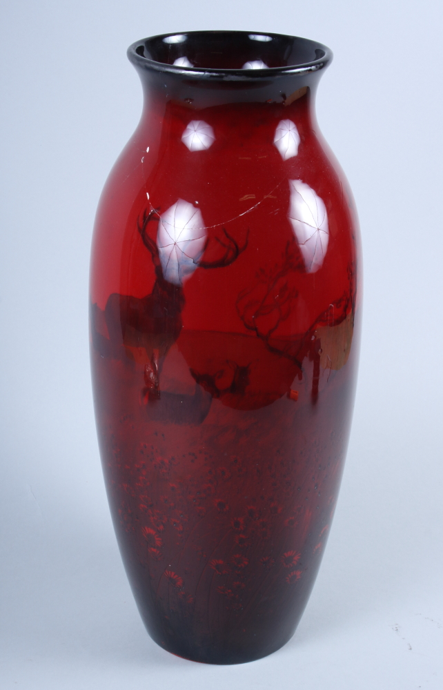 A Royal Doulton "Flambe" baluster vase, designed by Charles Noke, decorated with standing deer, - Image 2 of 8