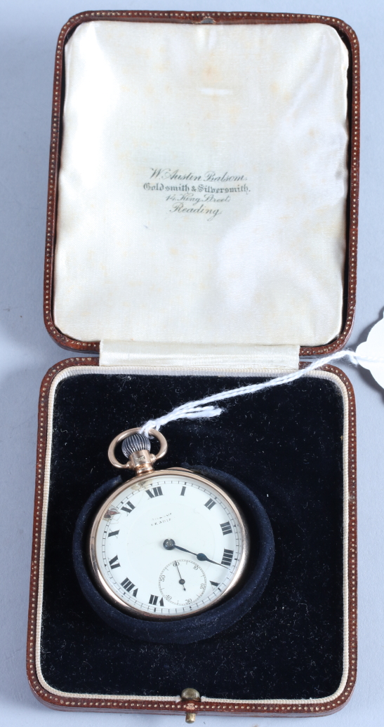 A 9ct gold cased open faced pocket watch with white enamel dial and Roman numerals