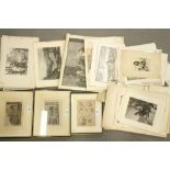 Three 19th century framed engravings and a folio of 18th and 19th century engravings, etchings and