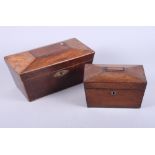 A 19th century mahogany tea sarcophagus, 11" wide, and a similar tea caddy, 8" wide