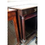A Gillows rosewood side cabinet with flanking columns, fitted one shelf, on ball feet, 28" wide