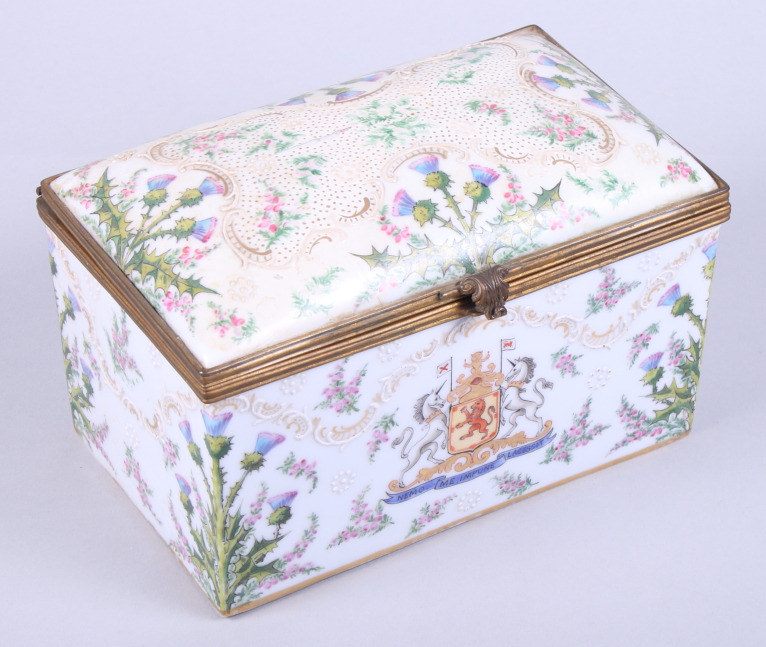 A 19th century, Samson of Paris, porcelain casket, decorated with flowers thistles and crest with