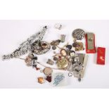 Two cameo brooches, two marcasite brooches, other costume jewellery, two silver thimbles, three