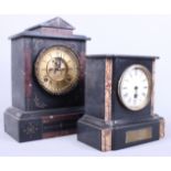 A Victorian marble and slate cased mantel clock with white painted enamel dial, painted Roman