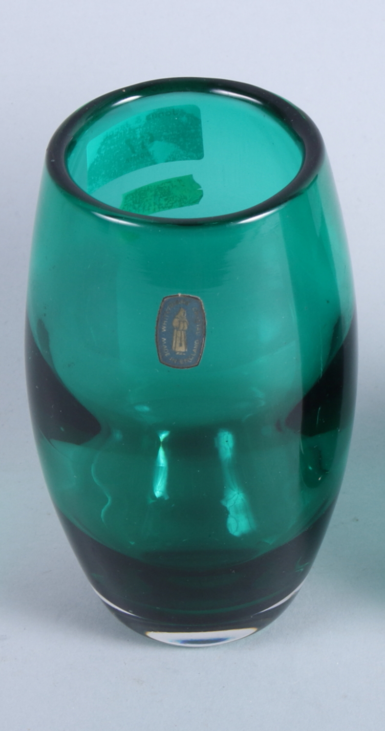 Two Whitefriars green glass oviform vases, 6" high and 4" high, each with original label, and two - Image 2 of 2