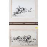 George Soper: A pair of etchings, horse and workmen logging, in strip frames