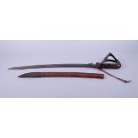 A 19th century cutlass with brass guard, blade 24 1/2" long, in part leather scabbard