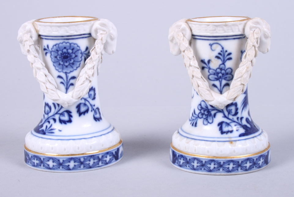 A pair of late 19th century Meissen porcelain spill vases with applied ram's head and garland - Image 2 of 5