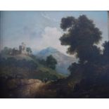 A 19th century oil on canvas, landscape with figures, said to be "Apelly Castle Cumberland", 23" x