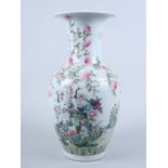 A Chinese Republic period porcelain baluster vase, decorated with cranes and peach tree, six